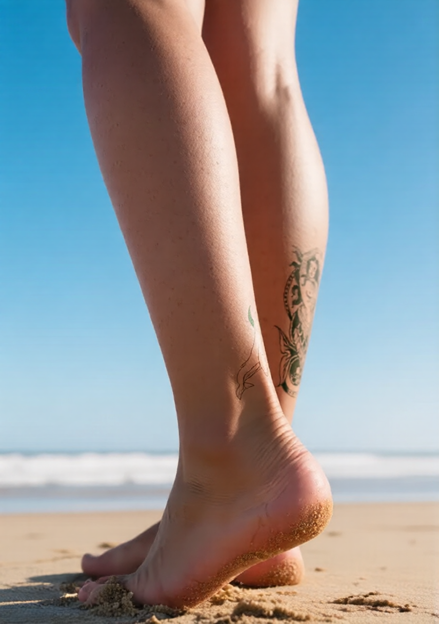 Close-up of legs on a beach with a clear blue sky SKINBUFFS