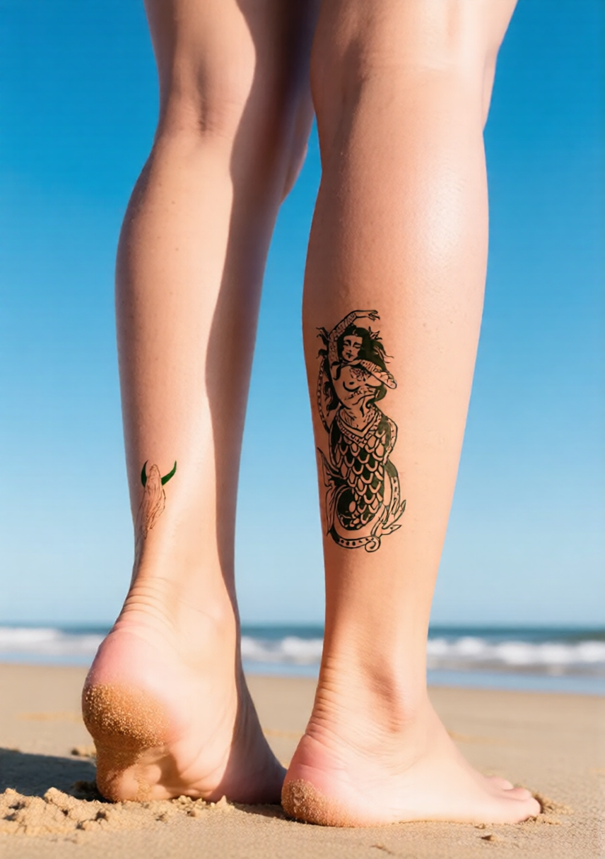 Tattoo on a person's leg with a mermaid design against a beach background SKINBUFFS